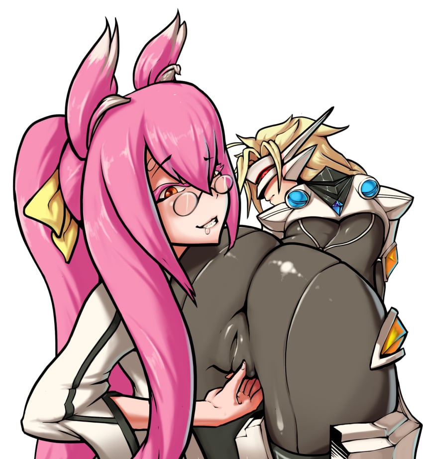 2girls ahoge all_fours animal_ears arc_system_works ass blazblue blonde blush bodysuit boxman cameltoe clothing drooling female female_only from_behind glasses hair_ornament hair_ribbon high_resolution huge_ass kokonoe lambda-11 long_hair looking_back medium_hair megane multiple_girls nekomimi orange_eyes pink_hair ponytail ribbon saliva sharp_teeth shiny shiny_clothes shiny_hair simple_background skin_tight smile tied_hair transparent_background vagina very_long_hair visor yuri