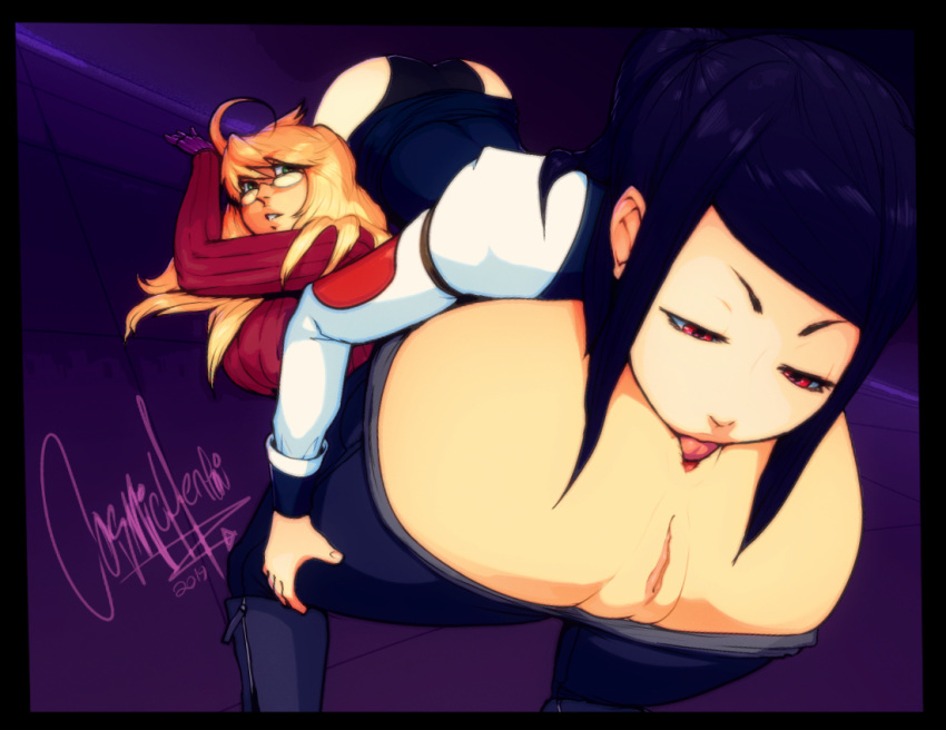 2girls alma_armas anilingus ass blonde_hair clothing cosmichentai dark-skinned_female dark_skin duo female female_only hair julianne_stingray licking long_hair multiple_girls oral pussy red_eyes rimjob rimming signature va-11_hall-a yuri