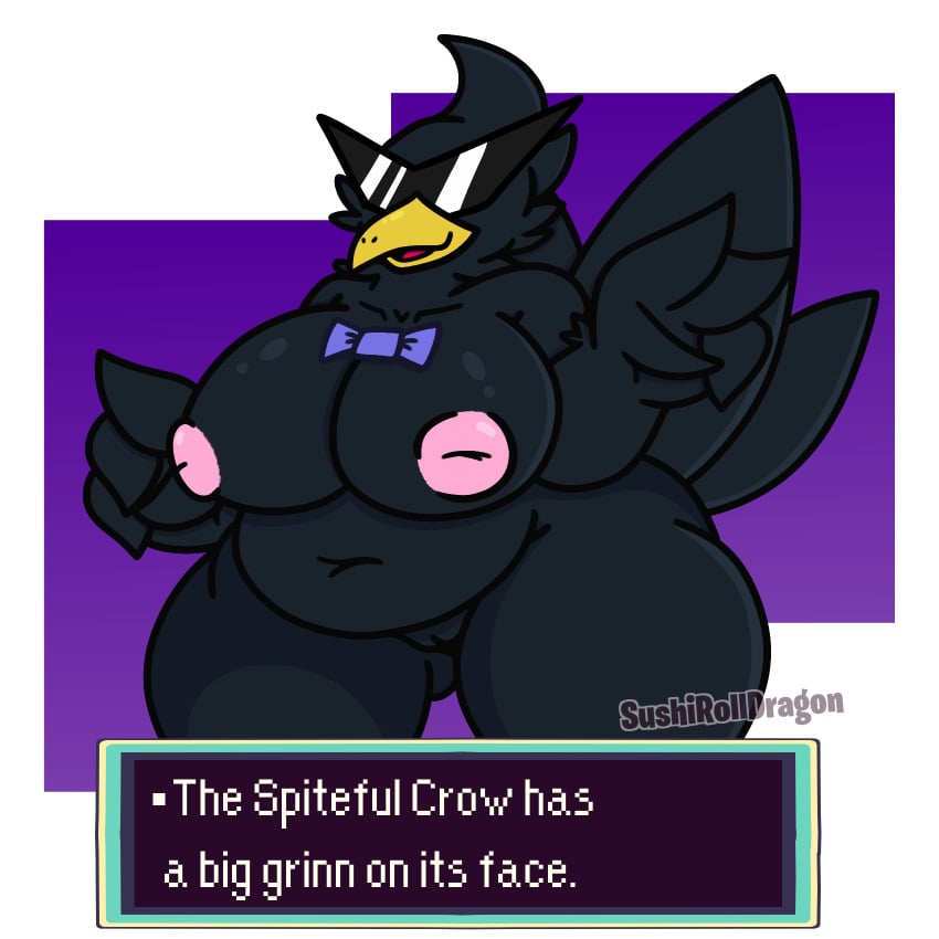 1:1 1girls 2019 anthro ass avian beak belly big_breasts bird black_feathers bow_tie breasts chubby corvid corvus_(genus) crow earthbound_(series) english_text eyewear feathered_wings feathers female hi_res navel nintendo nipples non-mammal_breasts nude open_mouth overweight overweight_female pussy simple_background smile solo spiteful_crow_(earthbound) standing sunglasses sushirolldragon text thick_thighs video_games watermark wide_hips wings