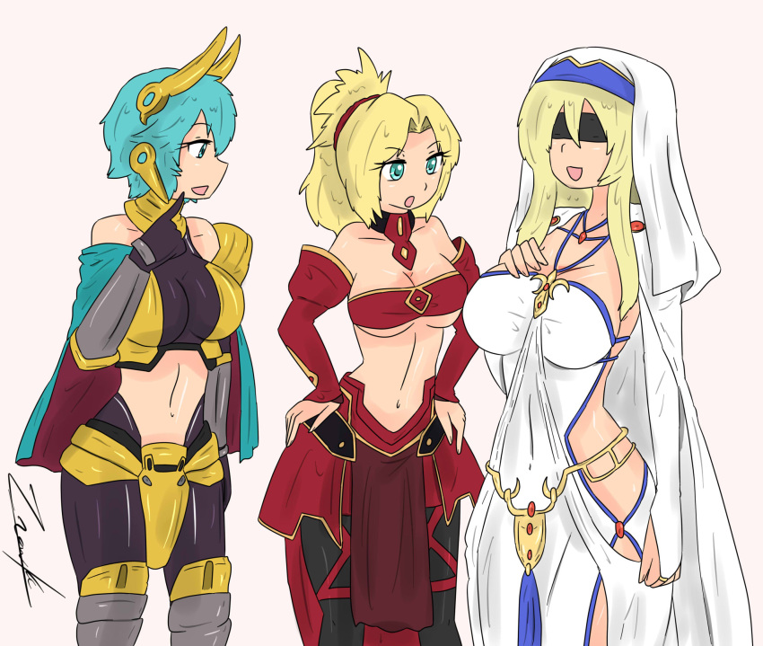 3girls armor blindfold blonde_hair blue_hair cleavage clothing dressed fate/apocrypha fate_(series) female_only gloves goblin_slayer half-dressed mordred_(fate) rance_(series) skimpy skimpy_clothes sword_maiden_(goblin_slayer) underboob yulang_mirage zronku