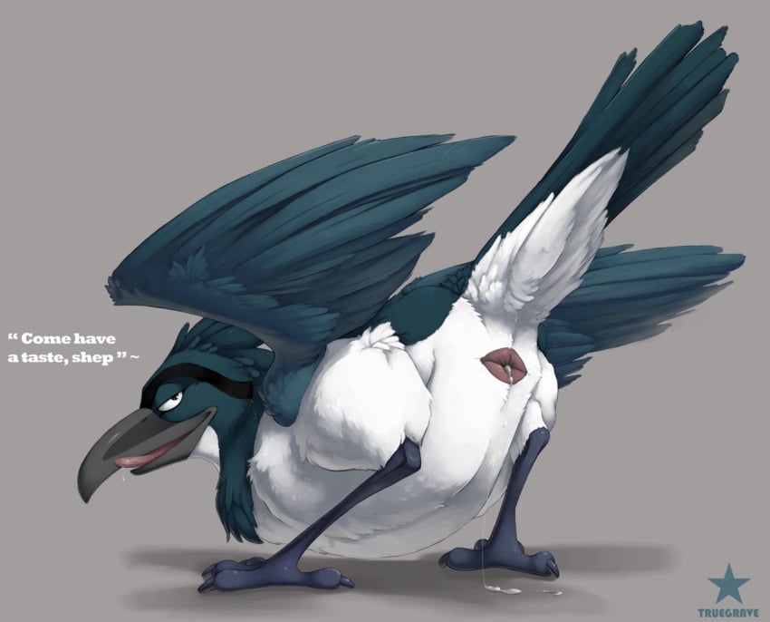 2019 3_toes ambiguous_gender animal_genitalia ass avian beak bird cloaca cum_leaking dialogue drooling english_text feathered_wings feathers feral grey_background inviting looking_back plover pluvian presenting presenting_cloaca presenting_hindquarters saliva shorebird simple_background solo standing talking_to_viewer text toes tongue truegrave9 wings