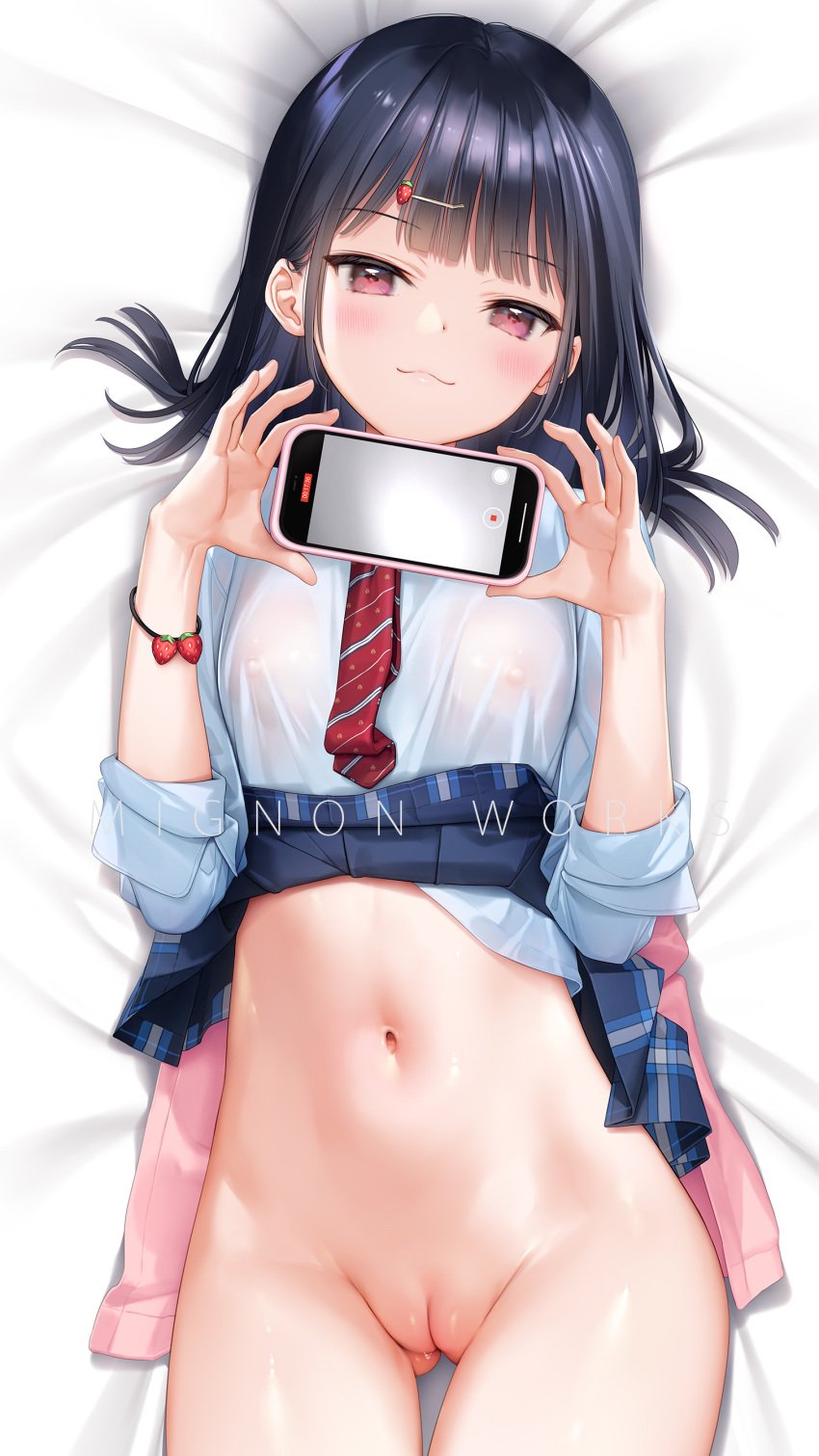 1girls arms_up bed black_hair blush bottomless breasts confident female female_only food_themed_hair_ornament hair_ornament hi_res ichigo-chan_(mignon) jk_x_onaka_#03 laying_on_bed looking_at_viewer mignon mirror_selfie necktie nipples original phone phone_in_hand pussy red_eyes school_uniform see-through see-through_clothing selfie skirt skirt_lift small_breasts smile solo strawberry_hair_ornament sweat tagme topless uncensored uniform