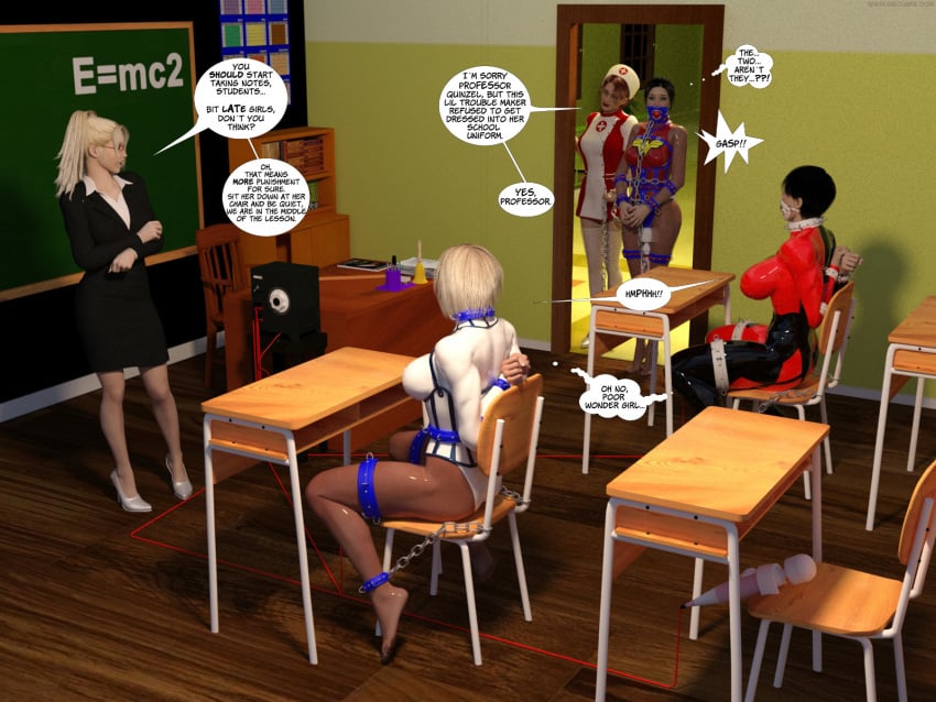 3d 3d_(artwork) 5girls ankle_cuffs arms_behind_back batman_(series) bdsm black_skirt bondage bound business_suit chains classroom cosplay daniel_remo_art dbcomix dc dc_comics dialogue diana_prince dr._harleen_quinzel female female_only femdom femsub forced_orgasm gag gagged harleen_quinzel harley_quinn_(cosplay) hitachi_magic_wand kara_zor-l multiple_girls multiple_subs nurse nurse_cap nurse_uniform pencil_skirt power_girl skirt skirt_suit speech_bubble superheroine superman_(series) supervillainess thigh_cuffs tied_up vibrator wonder_girl wonder_woman wonder_woman_(series) wrist_cuffs