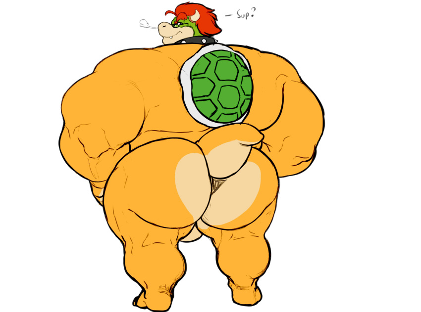 2018 anthro ass balls big_arms big_butt bowser collar dialogue eyewear glasses hair hi_res itzcharlie koopa looking_at_viewer male male_only mario_(series) muscular muscular_male nintendo red_hair scalie shell solo video_games yaoi