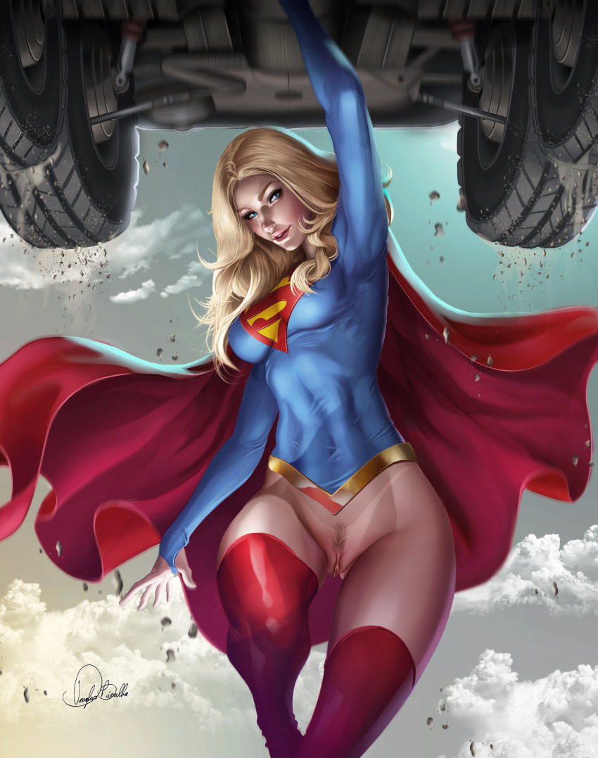 blonde blonde_hair blue_eyes bottomless dc dc_comics douglas_bicalho kara_danvers kara_zor-el pussy pussy_lips shaved_pussy strength super_strength supergirl superhuman vagina