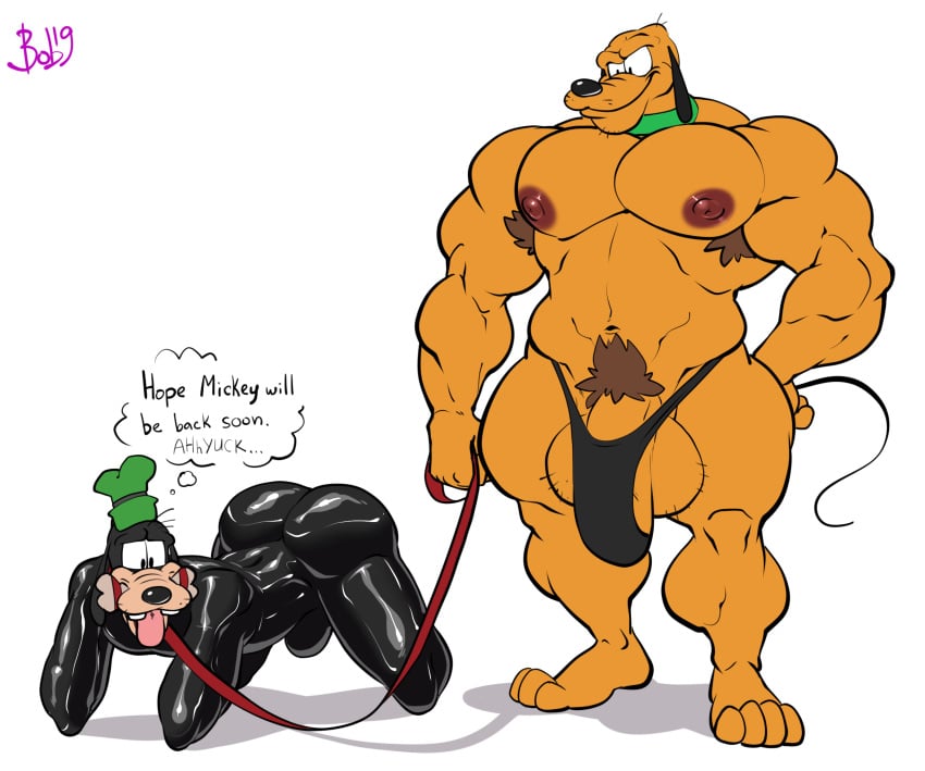 anthro armpit_hair balls bara bitchsuit bobthetanuki canid canine canis disney domestic_dog gay goofy hi_res male male_only mammal muscular petplay pluto puppyplay role_reversal roleplay rubber what yaoi