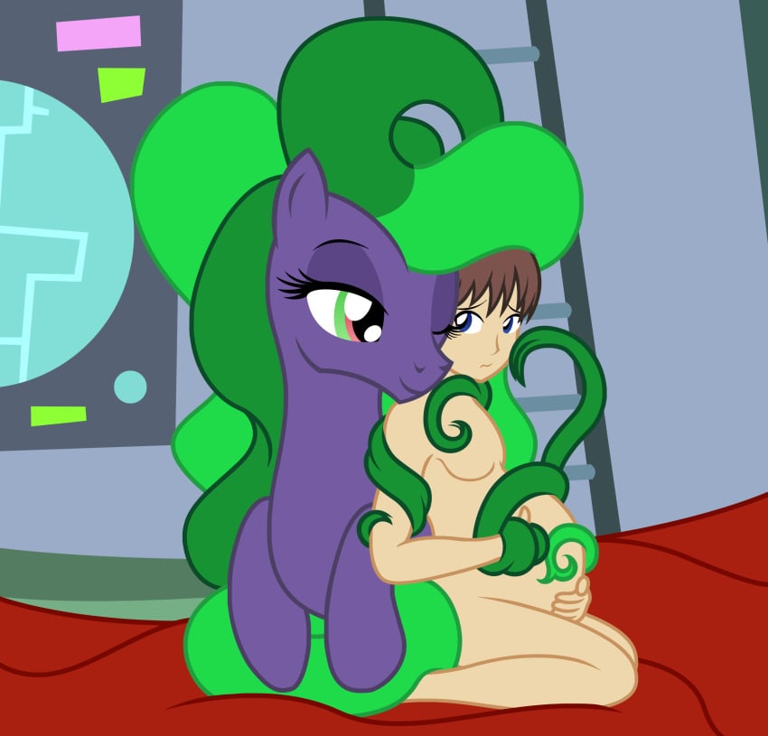 badumsquish blue_eyes cuddling duo equid equine female friendship_is_magic generic_messy_hair_anime_anon green_eyes hair hi_res horse human kneeling long_hair male male_pregnancy mammal mane-iac_(mlp) my_little_pony pony pregnant red_eyes straight tentacle