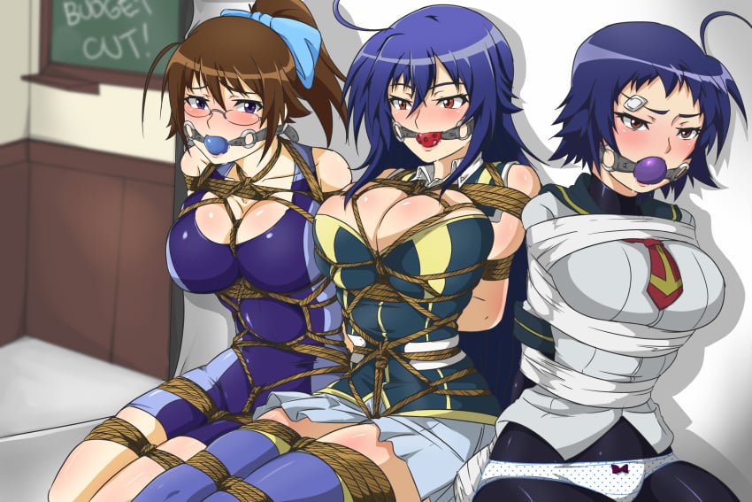 arms_behind_back ball_gag bondage bound breasts female femsub gag kurokami_kujira kurokami_medaka medaka_box mogana_kikaijima multiple_girls multiple_subs rope ryner-e swimsuit tied_up