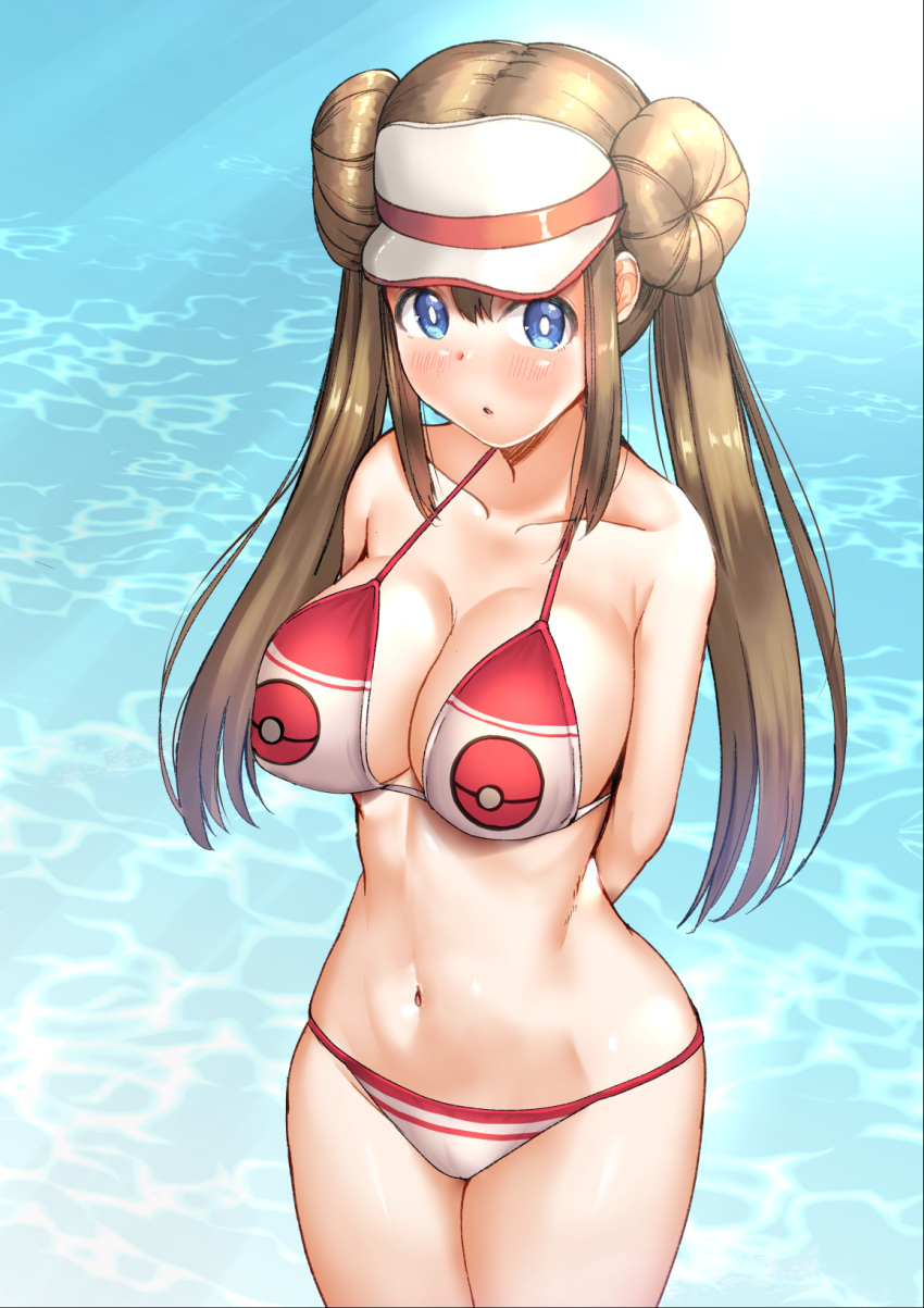 1girls beach big_breasts bikini blue_eyes blush brown_hair double_bun eye_contact female hat large_breasts long_hair looking_at_viewer nintendo noah12 pale-skinned_female pale_skin pokemon pokemon_bw pokemon_bw2 rosa_(pokemon) twintails