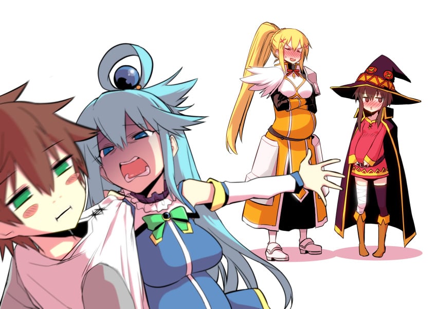 1boy 3girls :d :i aqua_(konosuba) bandage bandaged_leg bandages bangs beads belt black_gloves black_legwear blonde_hair blue_eyes blue_hair blush boots brown_eyes brown_hair cape closed_eyes commentary crossed_arms darkness_(konosuba) detached_sleeves eyebrows_visible_through_hair funny gloves green_eyes hair_beads hair_between_eyes hair_ornament hair_rings hat highres hitotose_rin humor knee_boots kono_subarashii_sekai_ni_shukufuku_wo! long_hair looking_to_the_side megumin multiple_girls multiple_pregnancies nose_blush o3o open_mouth outstretched_arm ponytail pregnant satou_kazuma shaded_face shirt_grab short_hair simple_background single_thighhigh smile thighhighs very_long_hair white_background witch_hat x_hair_ornament