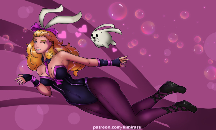 1girls alternate_costume blonde blonde_hair bunny_ears bunnysuit cottontail_seris female kimirasu paladins purple_background purple_eyes seris_(paladins) solo tie