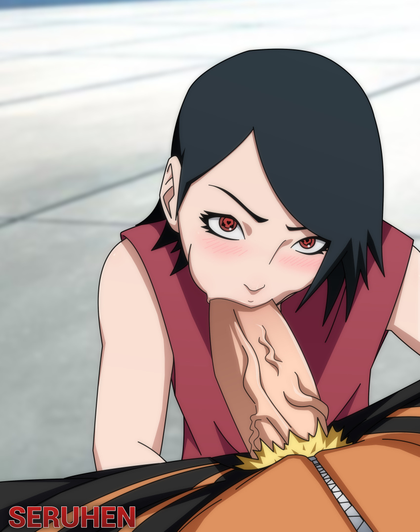 1boy 1girls absurdres age_difference black_hair blush boruto:_naruto_next_generations faceless_male fellatio female floor heart heart-shaped_pupils highres looking_at_viewer male_pov naruto naruto_(series) oral penis pov pov_eye_contact pubic_hair red_eyes sarada_uchiha seruhen sharingan short_hair sleeveless symbol-shaped_pupils uncensored uzumaki_naruto veins veiny_penis