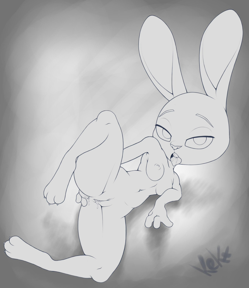 2019 4_toes anthro anus biped black_and_white breasts claws disney drooling female fur hi_res judy_hopps kektails lagomorph leporid line_art long_ears looking_at_viewer mammal masturbation nipples nude open_mouth pussy rabbit saliva signature small_breasts solo spread_legs spreading thick_thighs toes tongue unfinished wet zootopia