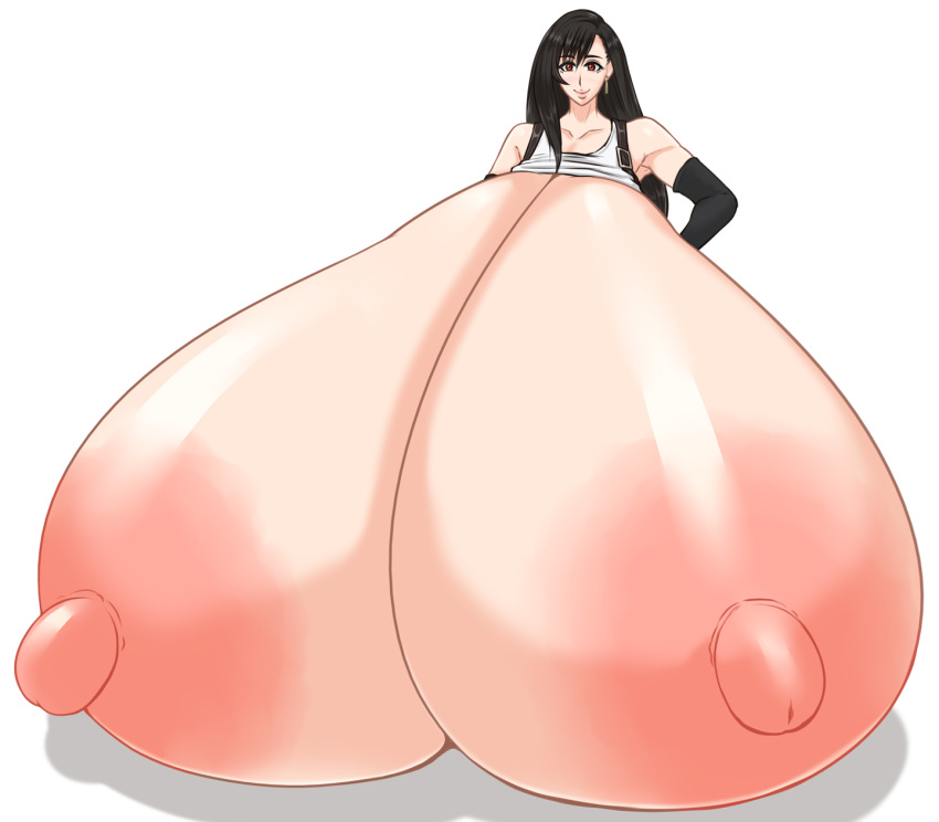 1girls aokuro black_hair breasts_bigger_than_body breasts_bigger_than_head breasts_bigger_than_torso breasts_touching_floor es_hisashi final_fantasy final_fantasy_vii front_view gigantic_nipples hyper hyper_breasts immobile massive_breasts ridiculous_breast_size standing tifa_lockhart wardrobe_malfunction white_background