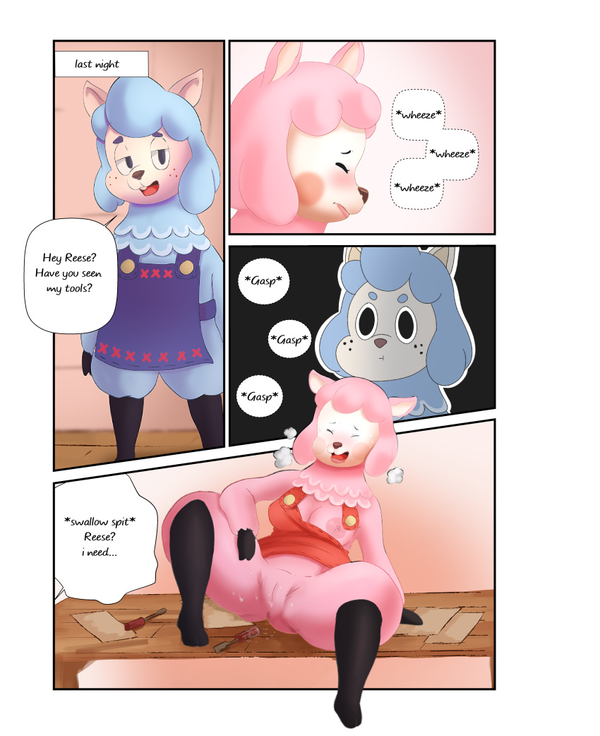 2017 absurd_res alpaca animal_crossing anthro blush bottomless breasts camelid clothed clothing comic cyrus_(animal_crossing) dialogue duo female hi_res imminent_sex improvised_dildo improvised_sex_toy krayboost male mammal masturbation nintendo nipples pussy pussy_juice reese_(animal_crossing) screwdriver text tools video_games