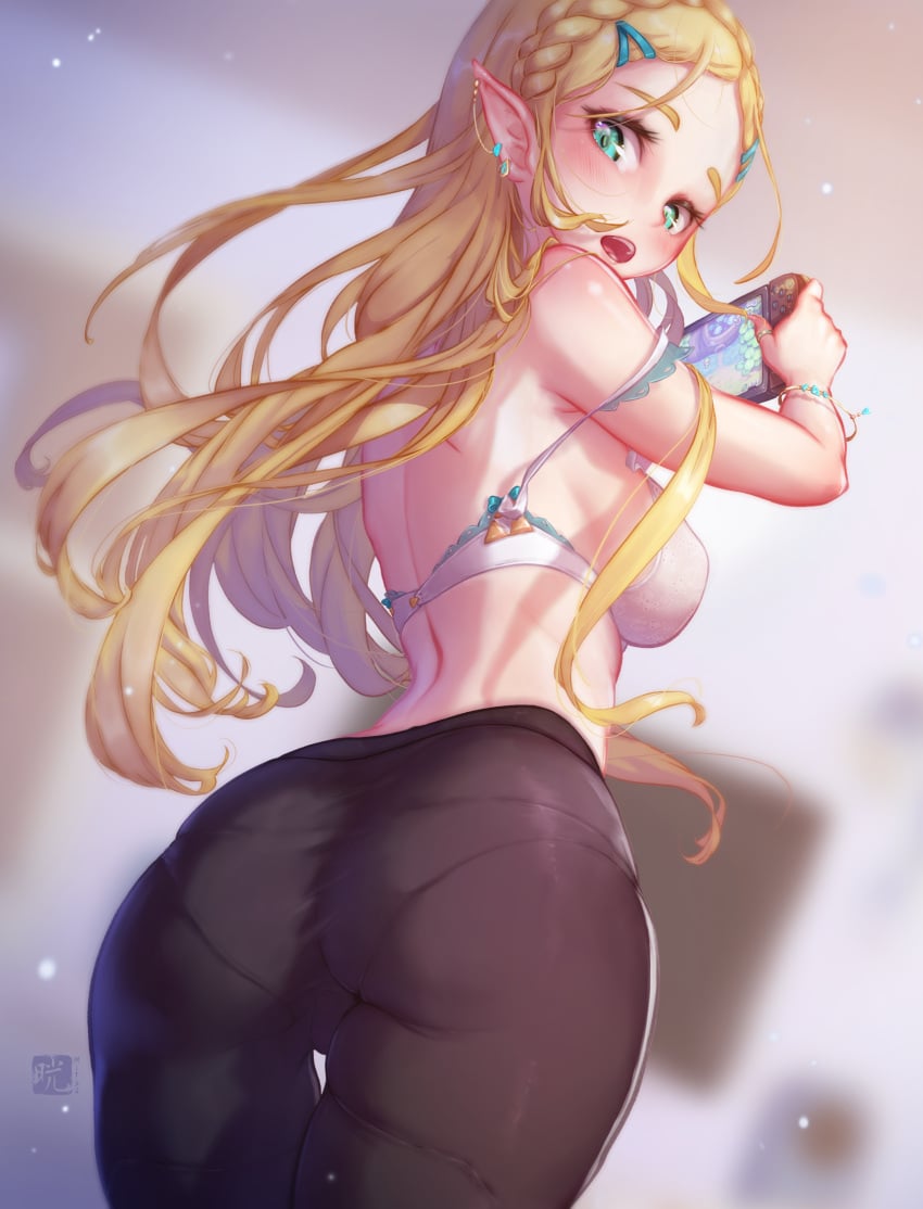 1girls ass blonde_hair boots bra breath_of_the_wild dat_ass demigoddess from_behind from_below hylian mitsu_art mitsuart nintendo_switch pantyhose pantylines pointy_ears princess princess_zelda royalty sideboob solo the_legend_of_zelda topless triforce_bra triforce_lingerie yellow_hair yoga_pants zelda_(breath_of_the_wild)