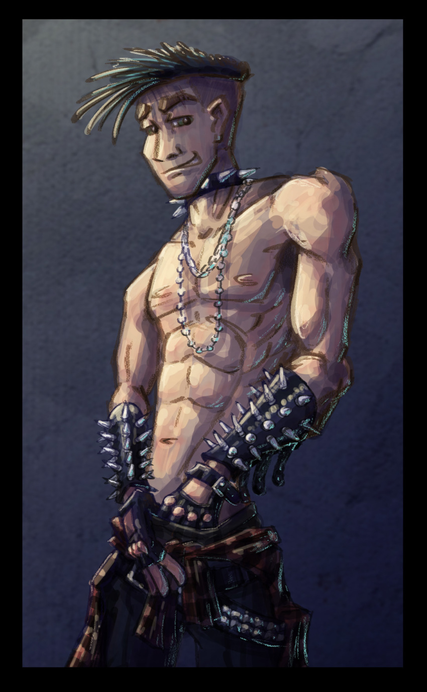 blue_hair chains choker clothing crotch_grab cstripes fingerless_gloves gauntlet gauntlets goth male male_only necklace pants pin-up punk punk_guy spiked_bracelet spiked_collar studded_armlet studded_belt studded_bracelet studded_bracelets studded_collar studded_leather underwear