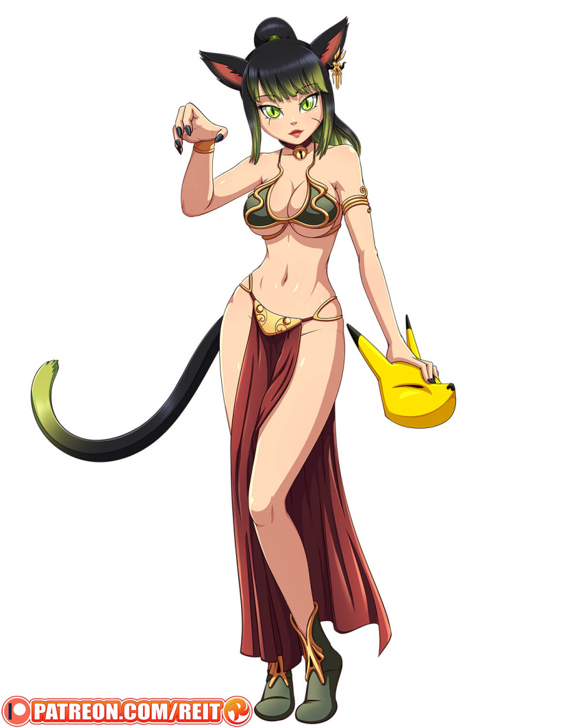 1girls big_breasts black_hair boots breasts cat_ears catgirl cosplay female female_only final_fantasy final_fantasy_xiv fingernails green_eyes green_hair green_streak keaton_mask lipstick long_hair looking_at_viewer metal_bikini miqo'te navel original_character patreon pelvic_curtain ponytail r'jenny reit slave_bikini slave_leia_(cosplay) solo star_wars tail