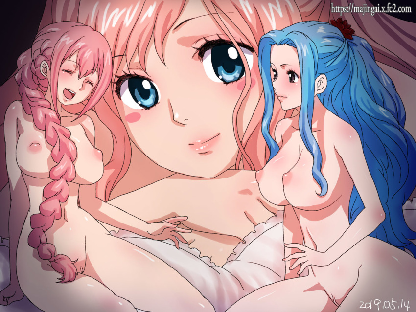 2019 3girls blue_eyes blue_hair blush blush_stickers braid breasts brown_eyes chin_rest closed_eyes dated female female_only giantess ginko_(silver_fox) inverted_nipples large_breasts laughing long_hair looking_at_another lying mermaid mermaid_girl multiple_girls navel nefertari_vivi nipples nude on_back one_piece open_mouth pink_hair pussy rebecca_(one_piece) shirahoshi single_braid sitting smile uncensored watermark web_address