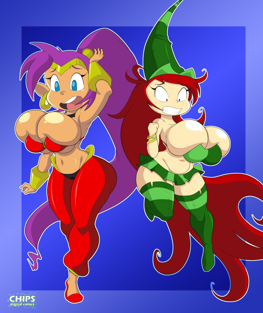 betilla_(rayman) bursting_breasts busty chocolate_and_vanilla crossover curvy huge_breasts nymph_(rayman) purple_hair purple_yoshi_draws rayman_(series) rayman_origins red_hair scared shantae shantae_(character) shortstack skindentation smooth_fur thick thick_thighs ubisoft voluptuous wayforward