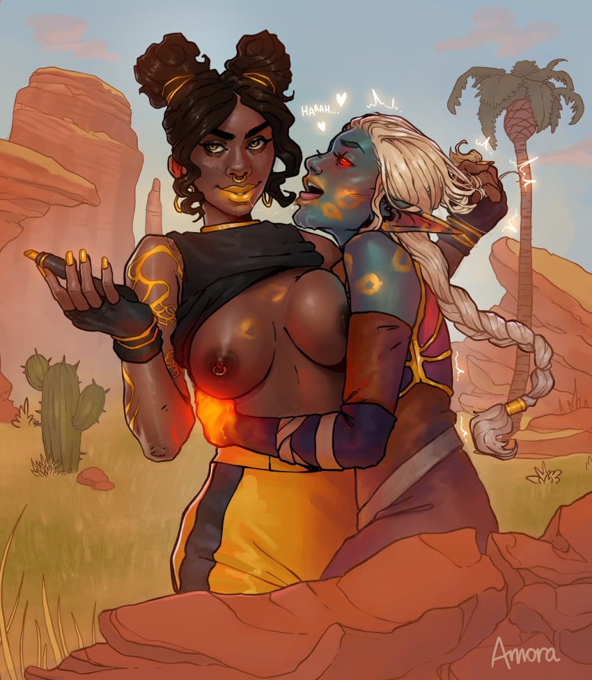 2girls ahe_gao amora areolae big_breasts bioluminescence blue_skin braid breasts clothes dark-skinned_female dark_skin day earrings elf ember_(fortnite) eye_contact fortnite glowing grass hair_grab half-closed_eyes heavy_breathing hoop_earrings interspecies kissing lipstick lipstick_mark long_hair looking_at_viewer lots_of_lipstick_marks luxe_(fortnite) multiple_girls nail_polish nipple_piercing nipples nose_ring outdoors pierced_nipples piercing ponytail red_sclera rolling_eyes shirt shirt_lift smile standing tattoo text watermark yellow_eyes yellow_lipstick yellow_nails yuri