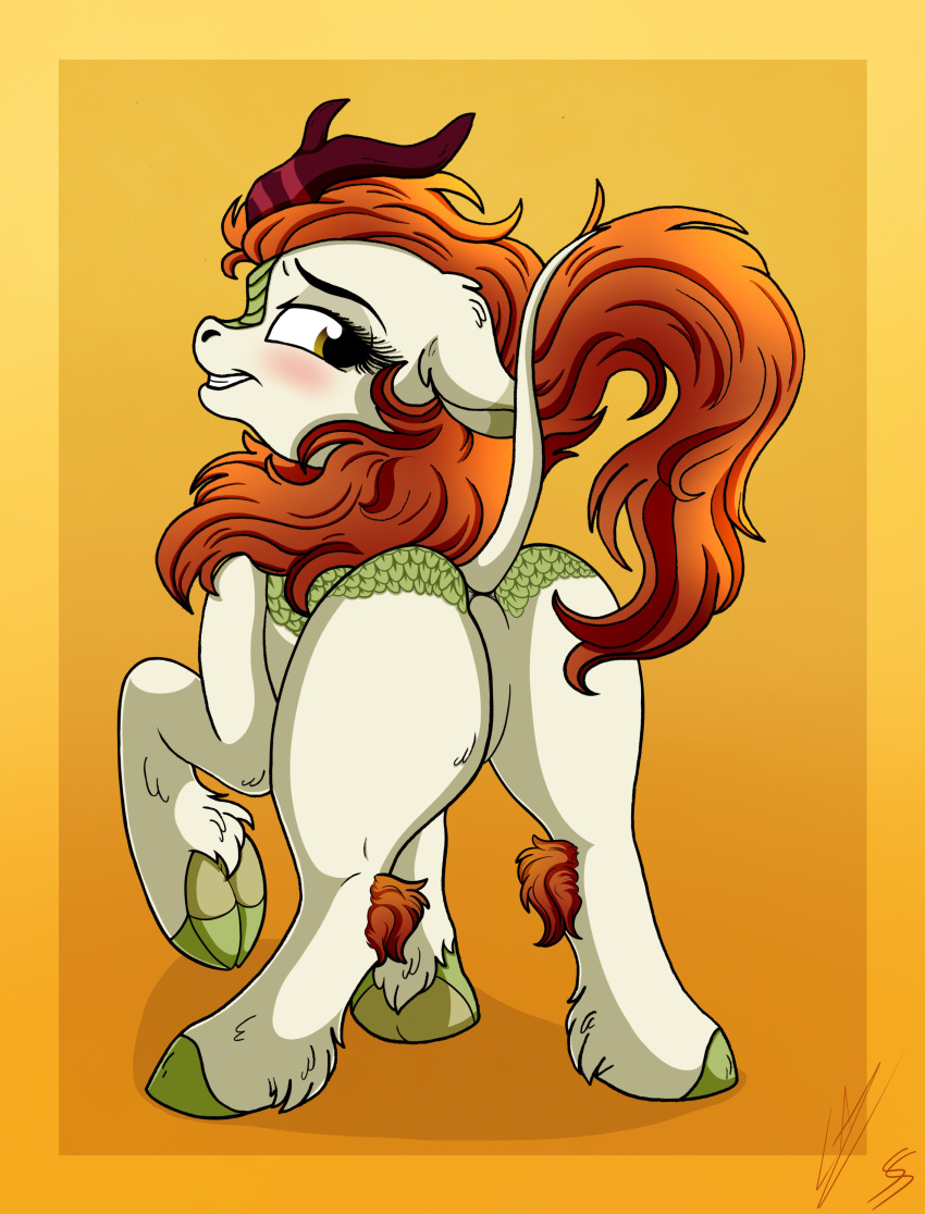 ass autumn_blaze_(mlp) blush collaboration featureless_crotch female friendship_is_magic kirin looking_back lupiarts my_little_pony snoopystallion solo suggestive