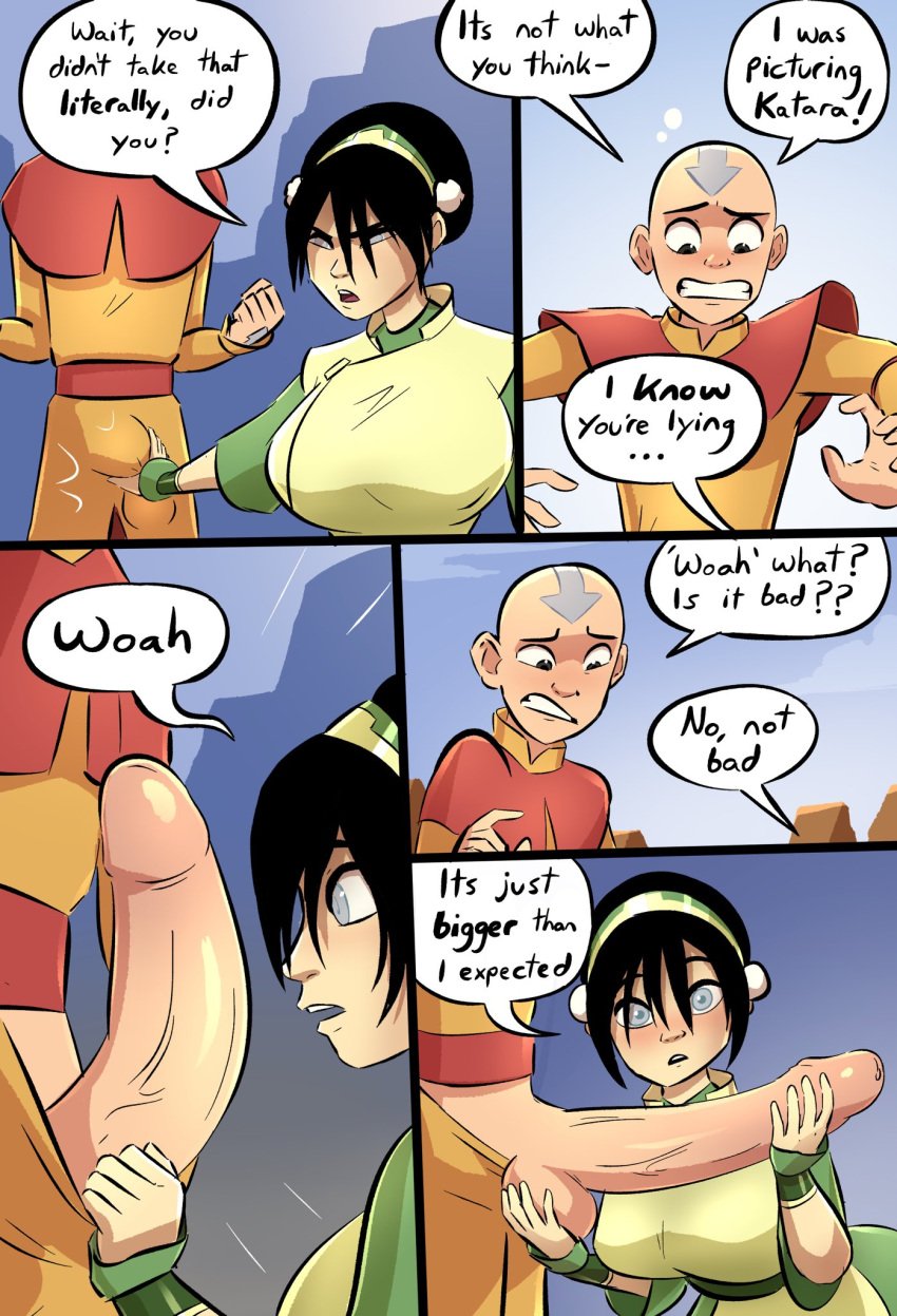 1boy 1girls aang air_nomad airbender_tattoo alternate_breast_size avatar_legends avatar_the_last_airbender balls big_balls big_breasts big_penis blush breasts caiman2 clothed clothing comic curvaceous curvy detailed_background dialogue earth_kingdom emmabrave english_text erect_penis erection female huge_ass huge_breasts huge_cock imminent_sex large_breasts light-skinned_male male nickelodeon penis_awe speech_bubble straight text the_avatar thick thick_penis toph_bei_fong veiny_penis