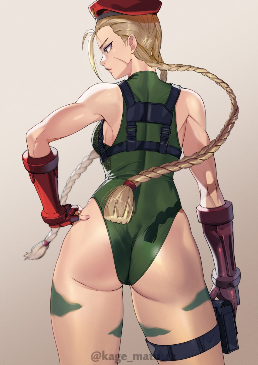 absurdres ass backboob beret blonde_hair blue_eyes bodypaint braid breasts cammy_white chest_harness commentary curvy female from_behind green_leotard hand_on_own_hip harness hat highres huge_ass kagematsuri lar leotard long_hair low_twin_braids medium_breasts pouch red_hat scar scar_on_face shiny_skin solo street_fighter thigh_pouch thong_leotard twin_braids twitter_username wide_hips