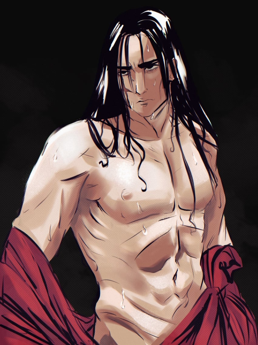 black_hair jia_qiu_(limbus_company) limbus_company long_hair male male_only scar sweat torso torso_shot towel