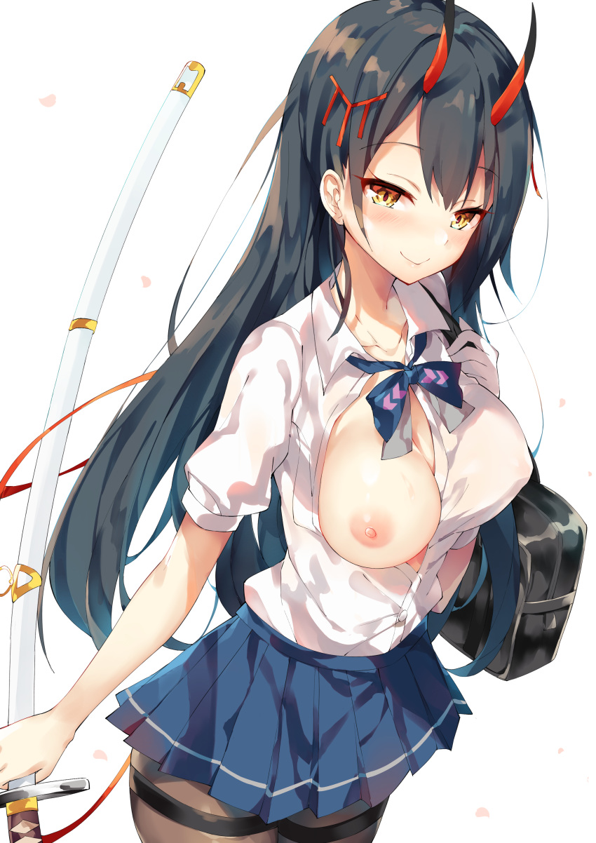 1girls absurdres areolae azur_lane bag bangs black_hair blue_neckwear blue_skirt blush bow bowtie breasts closed_mouth collarbone covered_nipples cowboy_shot eyebrows_visible_through_hair fanbox_reward female female_only gloves hair_between_eyes hair_ornament highres holding holding_sword holding_weapon horns katana large_breasts long_hair looking_at_viewer nipples no_bra one_breast_out oni_horns paid_reward pantyhose pleated_skirt ribbon scabbard school_bag school_uniform sheathed shirt sidelocks skirt smile solo suzuya_(azur_lane) sword thigh_strap unacchi_(nyusankin) weapon white_gloves white_shirt yellow_eyes