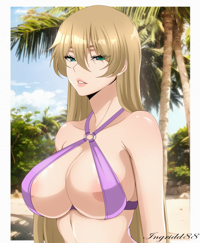 1girls areola_slip areolae beach big_breasts bikini blonde_hair blue_eyes crane_yuzuriha female ingridd88 large_breasts lipstick long_hair looking_at_viewer palm_tree parted_lips saint_seiya saint_seiya:_the_lost_canvas sand silver_saints skimpy_bikini solo swimsuit upper_body