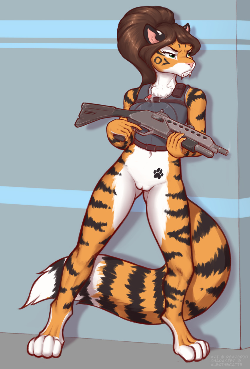 2019 alex_marx alexthecatte anthro armor body_armor bottomless clothed clothing colored_sketch fangs felid feline female hair hi_res mammal pantherine paws pussy range_weapon reaper3d simple_background sketch solo stripes tiger weapon