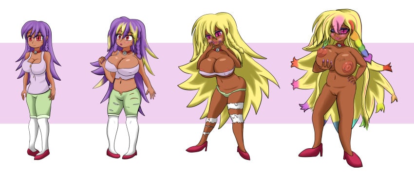 2019 areolae bimbo bimbofication blonde_hair breast_expansion breast_growth breast_hold female nipples oc original original_character purple_hair pussy ripped_clothing sequence thatfreakgivz torn_clothes transformation