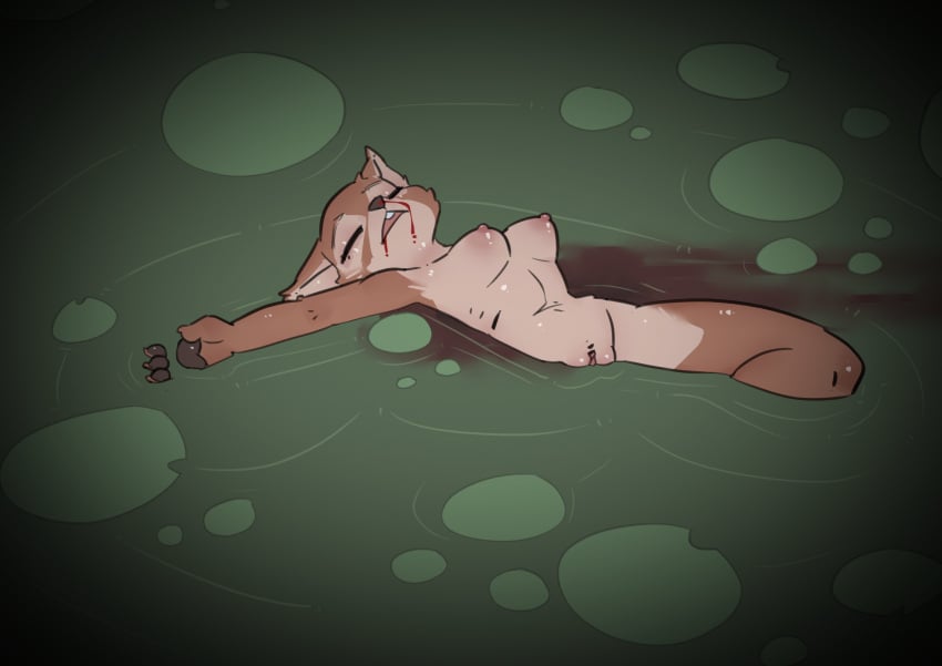 anthro athletic athletic_anthro athletic_female blizzard_entertainment blood blood_from_mouth blood_in_mouth bodily_fluids breasts canid canine clitoris corpse crowskull death dirty_water erect_nipples female female_death floating fox genitals hi_res mammal navel nipples nosebleed nude pussy ryona solo vulpera warcraft water