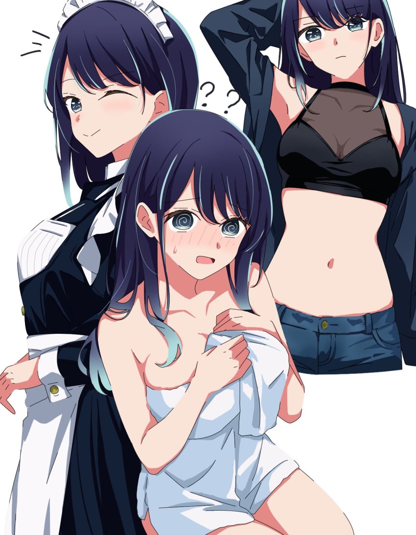 1girls ? ?? @_@ arm_up bare_shoulders black_shirt blue_dress blue_eyes blue_hair blush breasts cleavage closed_mouth collarbone commentary covered_collarbone cowboy_shot crop_top cropped_legs cropped_shirt dress female gradient_hair hair_behind_ear hair_between_eyes highres kurokawa_akane kusana_(kusana47454281) light_blue_hair long_hair long_sleeves looking_at_viewer maid maid_headdress medium_breasts multicolored_hair multiple_views naked_towel navel one_eye_closed open_mouth oshi_no_ko see-through see-through_cleavage see-through_clothing shirt sidelocks simple_background sitting sleeveless sleeveless_shirt smile stomach sweatdrop towel white_background