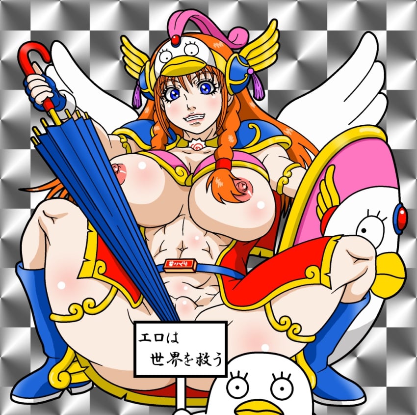 alternate_costume armor big_breasts bikkuriman blue_eyes braid braided_hair breasts breasts_out bun_cover censored double_bun elizabeth_(gintama) female female_only full_body gintama grin headgear headwear kagura_(gintama) long_hair orange_hair smile spread_legs twin_braids umbrella