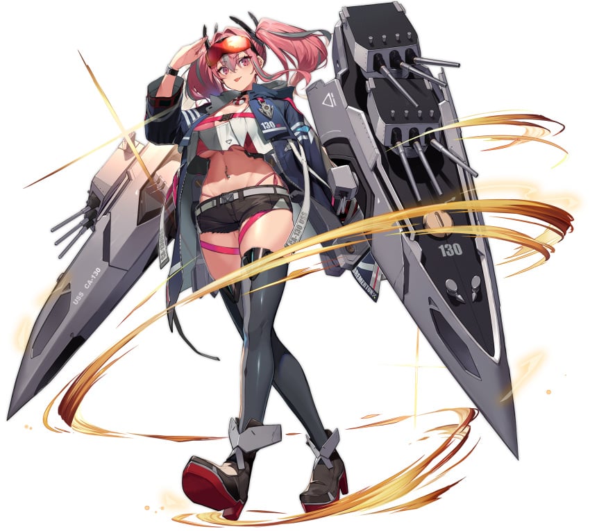 :p ahoge azur_lane belt bikini bikini_under_clothes black_background black_choker black_footwear black_shorts blue_jacket boots breasts bremerton_(azur_lane) cg choker cleavage crop_top crop_top_overhang cropped_jacket crossed_legs cutoffs ear_piercing eyewear_on_head female full_body grey_belt grey_hair groin hair_between_eyes hair_intakes hair_ornament high_heels highleg highleg_bikini holding hood hooded_jacket jacket large_breasts lifebuoy_ornament long_hair long_sleeves looking_at_viewer machinery midriff mole mole_under_eye multicolored_hair navel navel_piercing official_art open_clothes open_jacket open_mouth piercing pink_bikini pink_eyes pink_hair red-tinted_eyewear red_bottom_heels red_eyes red_hair rigging rudder_footwear salute shirt short_shorts shorts sidelocks skindentation smile snap-fit_buckle solo standing stomach streaked_hair sunglasses swimsuit tachi-e thigh_strap thighhighs thighs tinted_eyewear tongue tongue_out transparent_background turret twintails two-tone_hair two-tone_shirt underboob watson_cross