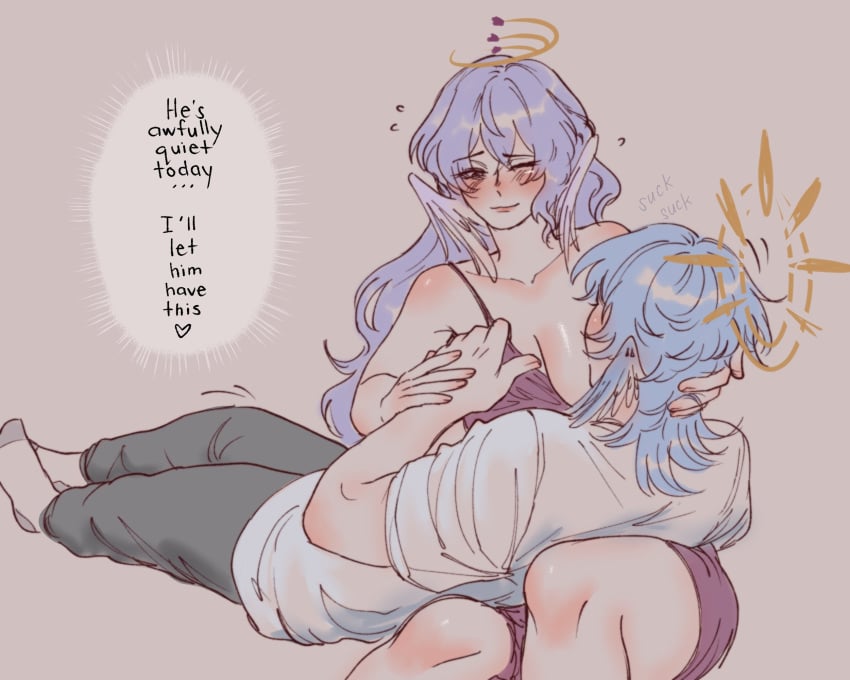 1boy 1boy1girl 1girls angel blue_hair breastfeeding breasts brother_and_sister female gentle_femdom gentle_mommy halo hand_holding hand_on_breast head_wings honkai:_star_rail incest lukkooi male medium_breasts mommy mommy_kink nursing pale-skinned_female pale_skin purple_hair robin_(honkai:_star_rail) siblings sunday_(honkai:_star_rail) wholesome