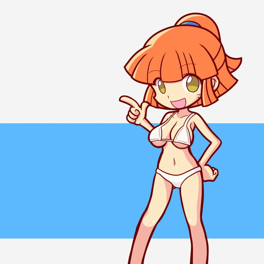 1girls accurate_art_style arle_nadja bangs belly_button big_breasts big_eyes boots_removed bra breasts english_text eyebrows_visible_through_hair female furii_(artist) light-skinned_female light_skin madou_monogatari medium_hair open_mouth orange_hair panties part_2 ponytail puyo_puyo puyo_puyo_artstyle puyo_puyo_fever sega solo solo_female strip_game text underwear white_bra white_panties white_underwear yellow_eyes