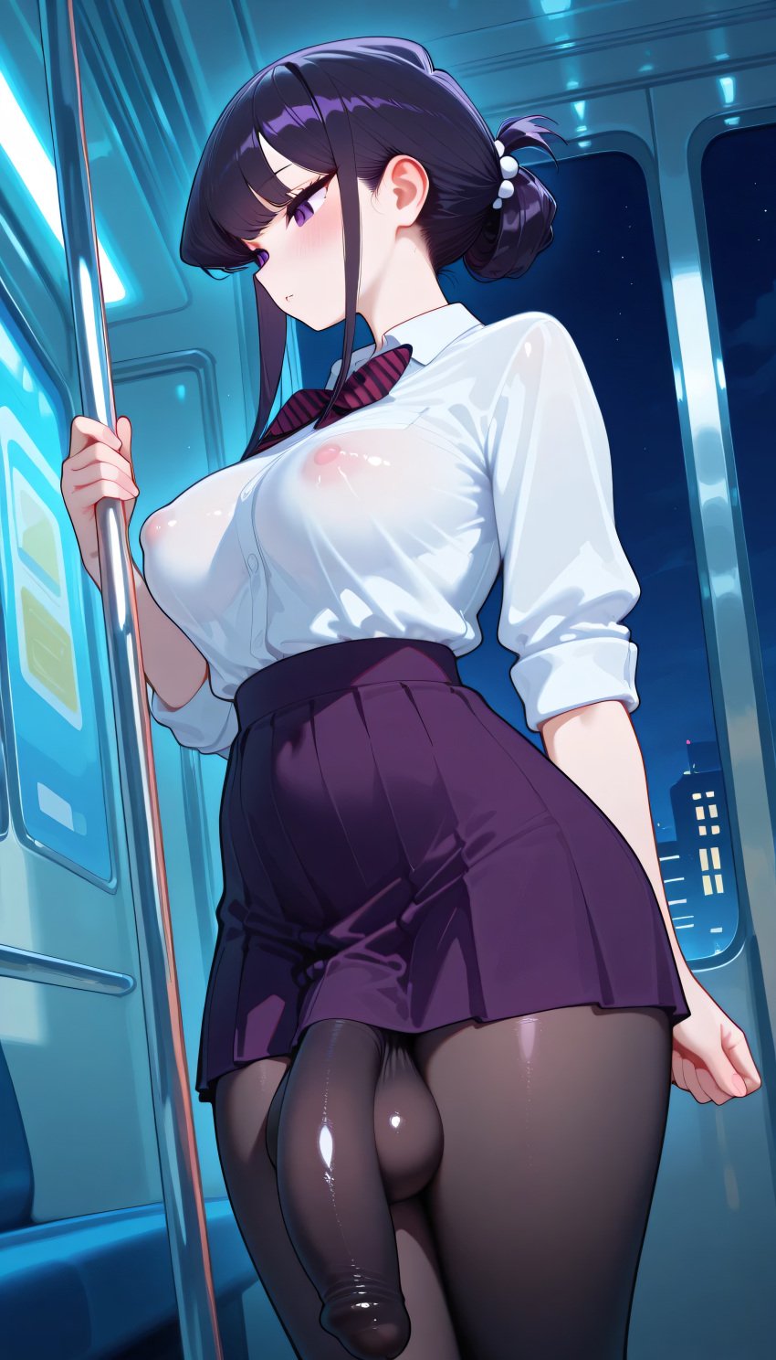 ai_generated covered_nipples covered_penis cuaker flaccid_penis futanari huge_cock komi-san_wa_komyushou_desu komi_shouko night pantyhose profile sagging_balls saggy_balls school_uniform solo standing subway tied_hair