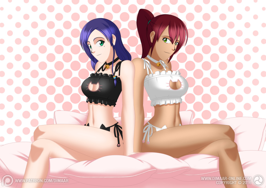 2girls aqua_eyes arm_support back-to-back back_to_back bare_arms bare_legs bed blue_hair bra breasts cat_keyhole_bra cat_lingerie cleavage_cutout closed_mouth crossed_legs dark_skin dimaar female female_only green_eyes human human_only jingle_bell legs legs_crossed lingerie long_hair looking_at_viewer medium_breasts midriff multiple_females navel necklace nipples on_bed original panties pillow pink_background ponytail red_hair sitting smile