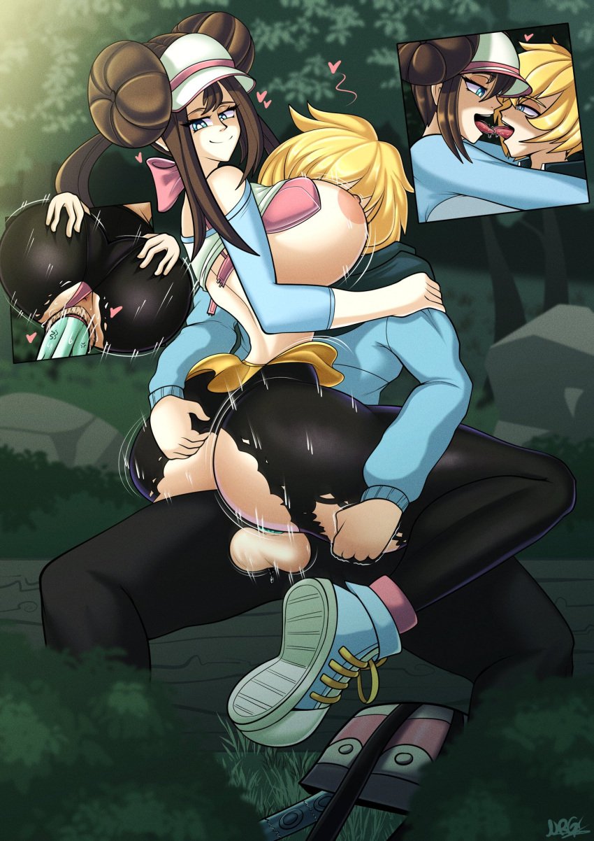 areolae ass balls big_ass big_breasts blonde_hair blue_eyes bra_unclipped breasts breasts_out brown_hair clothed_male commission commissioner_insert condom eye_contact forest french_kiss game_freak grabbing grabbing_ass hair_bun heart kissing large_areolae leggings light-skinned_female light-skinned_male log looking_at_partner looking_pleasured love missionary_position motion_lines nintendo nrgxer outdoors outside panties panties_aside penis penis_in_pussy pokemon pokemon_bw pokemon_bw2 ripped_clothing ripped_pants ripped_pantyhose rosa_(pokemon) saliva saliva_drip sex shirt_lift shirt_up shoes sitting_on_log smile space_buns sun sunlight tagme tongue tongue_out tree trees unclasped vagina vaginal_penetration vaginal_sex visor w.g._draws