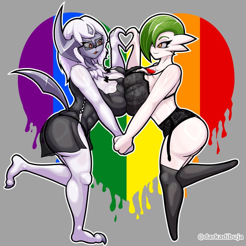 2girls absol absurd_res anthro ass big_breasts big_butt breast_squish breasts clothing darkadibuja duo eyewear female female/female gardevoir generation_3_pokemon glasses grey_body grey_skin hair heart_symbol hi_res huge_breasts legwear lgbt_pride lingerie nintendo orange_eyes pokemon pokemon_(species) pride_colors rainbow_pride_colors red_eyes squish stockings thick_thighs wearing_glasses white_body white_hair yuri