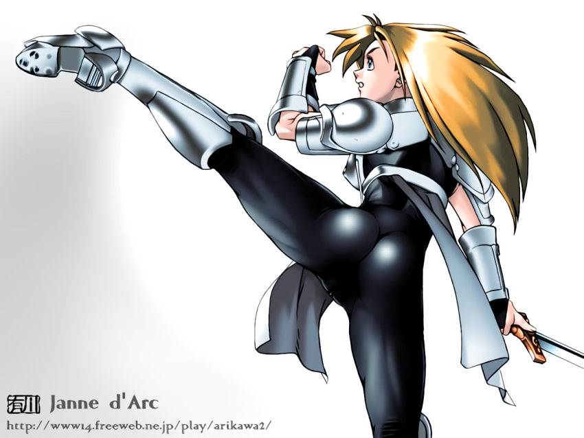 adk armor blonde_hair blue_eyes female janne_d'arc leather leather_pants leather_suit long_hair neo_geo pants shiny shiny_clothes skin_tight sword weapon world_heroes