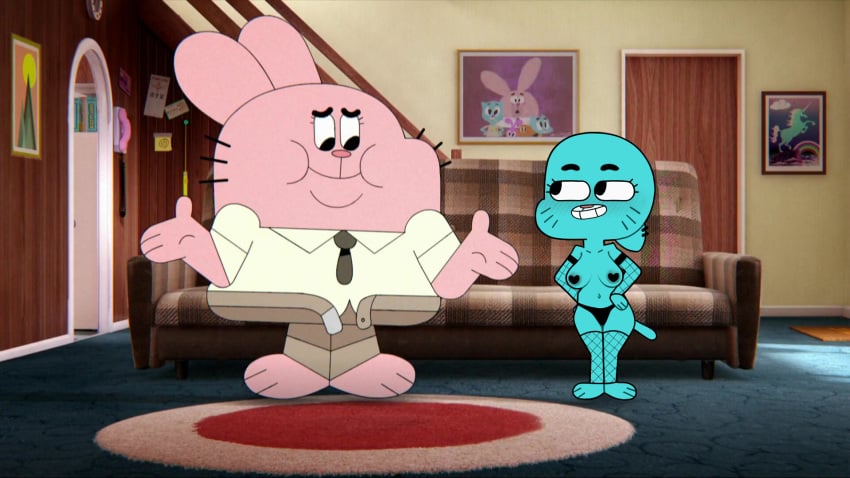 1boy anais_watterson animal anthro bald black_eyes black_necktie breasts bunny chair clothing collared_shirt couch crossover door facial_mark female fishnets furry glasses grin gumball_watterson hands_on_hips hands_on_own_hips indoors lagomorph leporid looking_at_another looking_to_the_side male mammal medium_breasts mother necktie nicole_watterson nipples no_pants nude painting_(object) panties shirt short_sleeves smile standing steca table teeth the_amazing_world_of_gumball thelazyart thighhighs topless underwear white_shirt