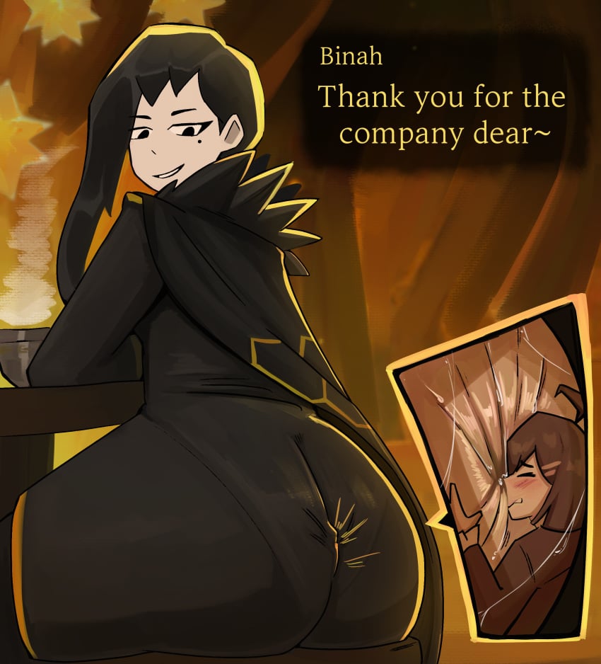 anus back_view big_butt binah black_hair brown_hair clothed english_text face_in_ass hod_(lobotomy_corporation) library_of_ruina limbus_company mole mole_under_eye project_moon size_difference tea veruveru21 white_skin