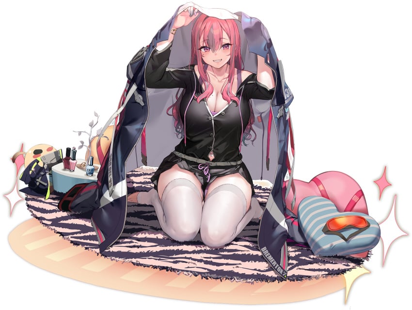 azur_lane bag bare_shoulders between_breasts black_background black_choker black_ribbon black_socks black_sweater bra_strap breasts bremerton_(azur_lane) bremerton_(relaxation_consultation)_(azur_lane) bubble_tea bucket cg chair choker cleavage coffee collarbone cup disposable_cup dress drinking_straw eyewear_hang faux_figurine female full_body grey_hair hair_between_eyes hair_intakes hair_ornament hair_ribbon hairband handbag holding holding_bag holding_cup indoors jacket large_breasts long_hair long_sleeves looking_at_viewer mole mole_on_breast mole_under_eye mug multicolored_hair nail_polish no_mole off-shoulder_dress off-shoulder_sweater off_shoulder official_alternate_costume official_art open_clothes open_jacket orange-tinted_eyewear parted_lips pink_eyes pink_hair pink_nails shadow shoes sidelocks sitting sitting_on_table smile sneakers socks solo standing star_(symbol) star_print stool strap_between_breasts streaked_hair sunglasses sweater sweater_dress table teeth thighs tinted_eyewear transparent_background twintails two-tone_hair unworn_eyewear white_footwear white_jacket wooden_floor