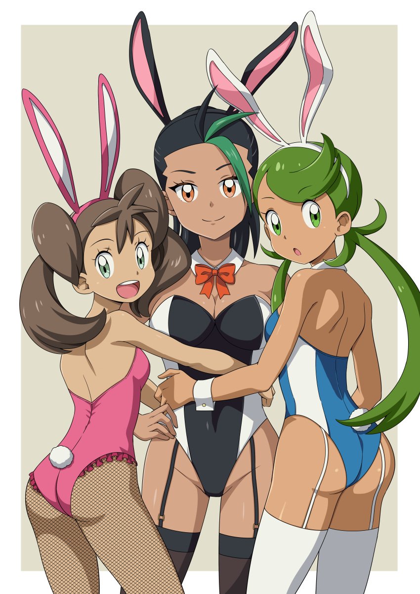 3girls alternate_costume alternate_version_available ass black_socks bunny_ears bunnysuit cleavage dark-skinned_female female female_only looking_at_viewer mallow_(pokemon) multiple_girls nemona_(pokemon) pokemon pokemon_sm pokemon_sv pokemon_xy shauna_(pokemon) socks suitenan tagme thigh_socks thighhighs triple_chocolate white_socks