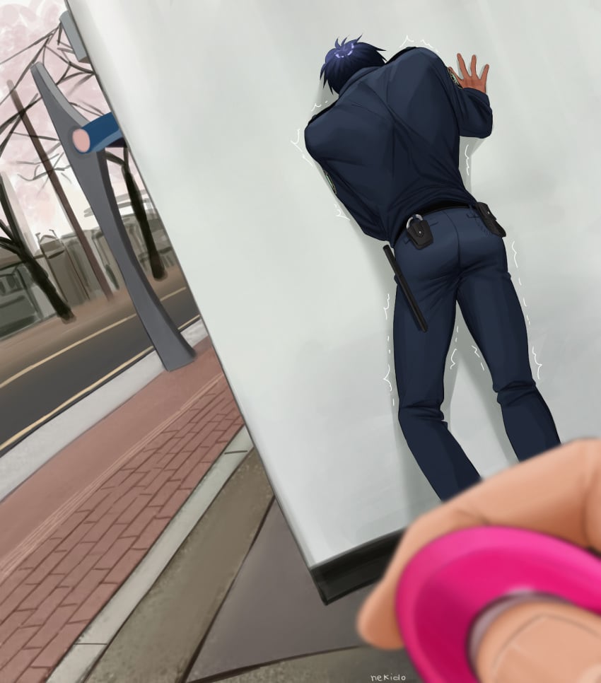 aomine_daiki background blue_hair daiki_aomine dark-skinned_male dark_skin detailed_background gay handcuffs kagami_taiga kuroko_no_basuke leaning leaning_against_wall meme nekido pink_vibrator police police_officer police_uniform remote_control_vibrator taiga_kagami trembling trembling_lines vibrator vibrator_in_ass vibrator_under_clothes wall wall_(structure)