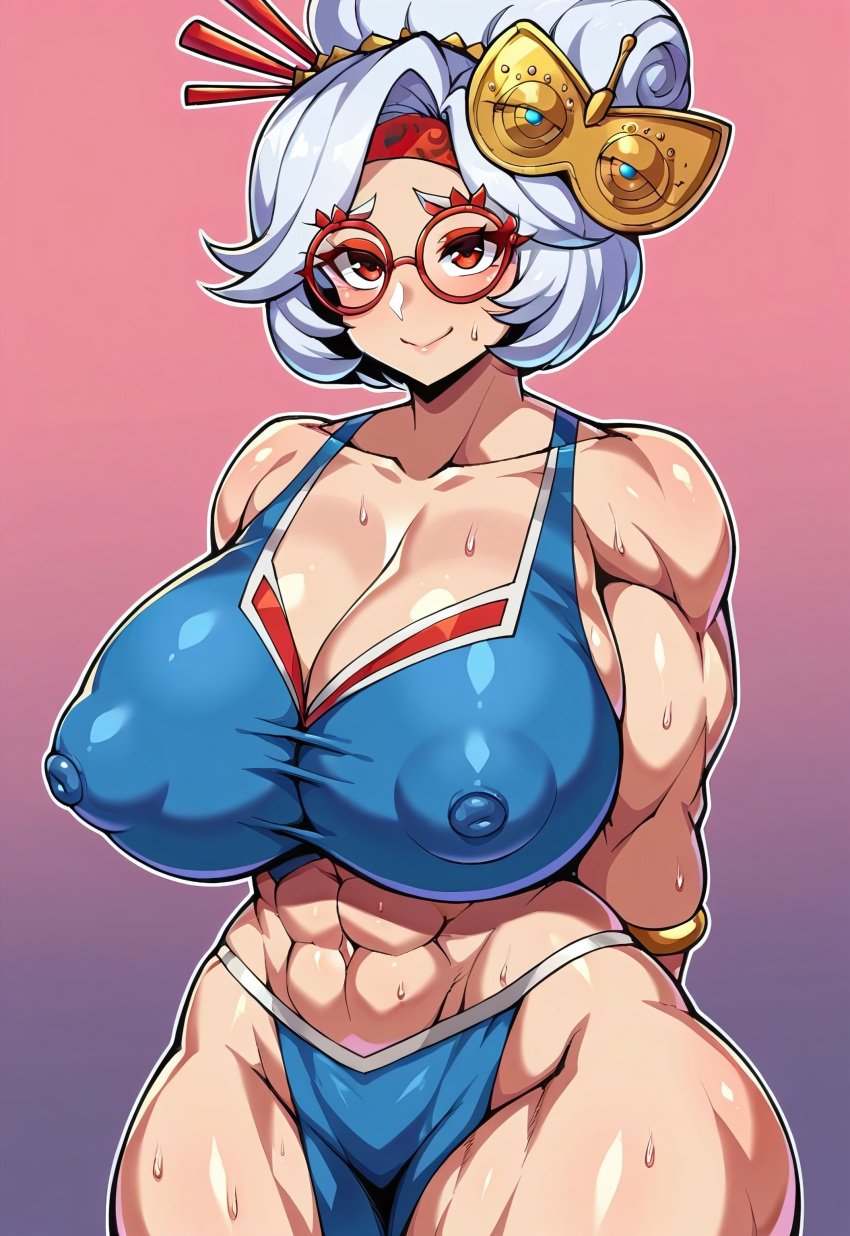 1girls ai_generated big_breasts blue_outfit breasts cleavage collarbone exposed_shoulders female glasses hair_bun hair_ornament highres huge_breasts large_breasts light-skinned_female nintendo purah purah_(tears_of_the_kingdom) red_eyes red_glasses short_hair simple_background smile solo tears_of_the_kingdom the_legend_of_zelda tight_clothing